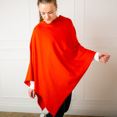 Tilley poncho in Burnt Orange, super soft, high neck, waterfall shape, easy to wear, women's outerwear, women's ponchos